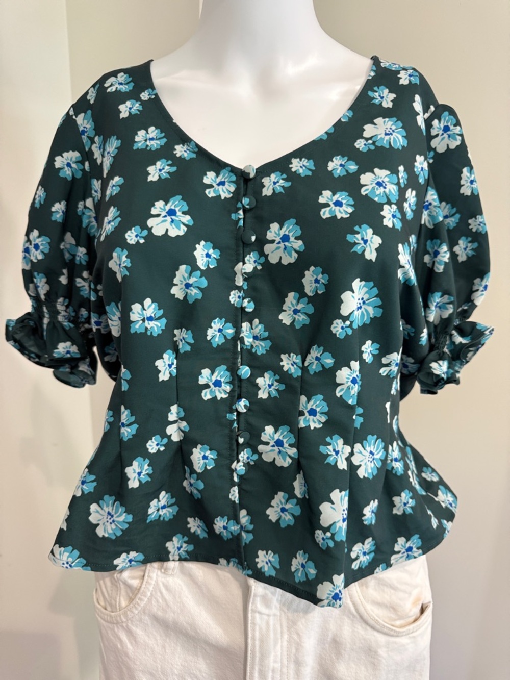 Floral Button-Front Peplum Top - Dark Green/Blue